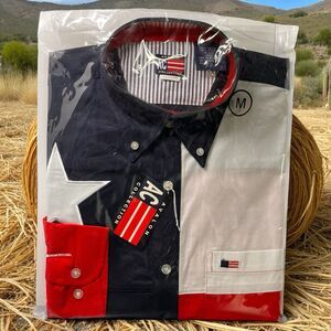 New Avalon AC Collection Mens Long Sleeve Button Down Shirt Sz M Texas Patriotic